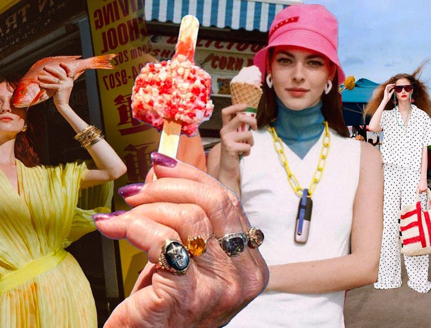 adult female person woman cream ice cream people face handbag fish
