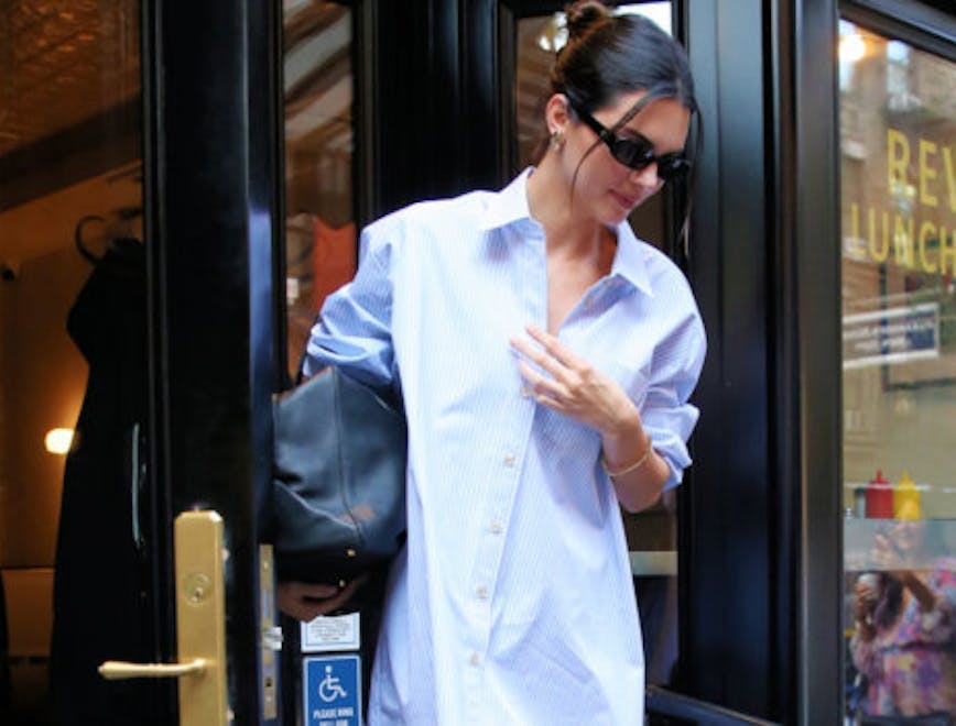 kendall jenner,candids,loafter,models off duty,pinstrip shirt dress,street style,sunglasses,tote bag new york shirt accessories sunglasses adult female person woman door head face