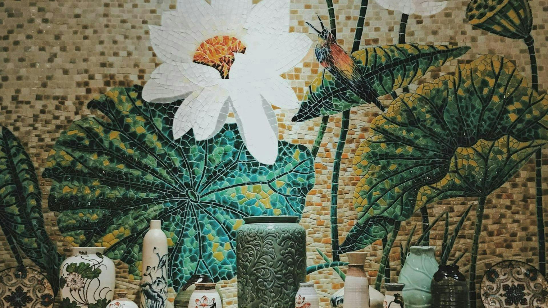 art pottery vase jar mosaic tile plant