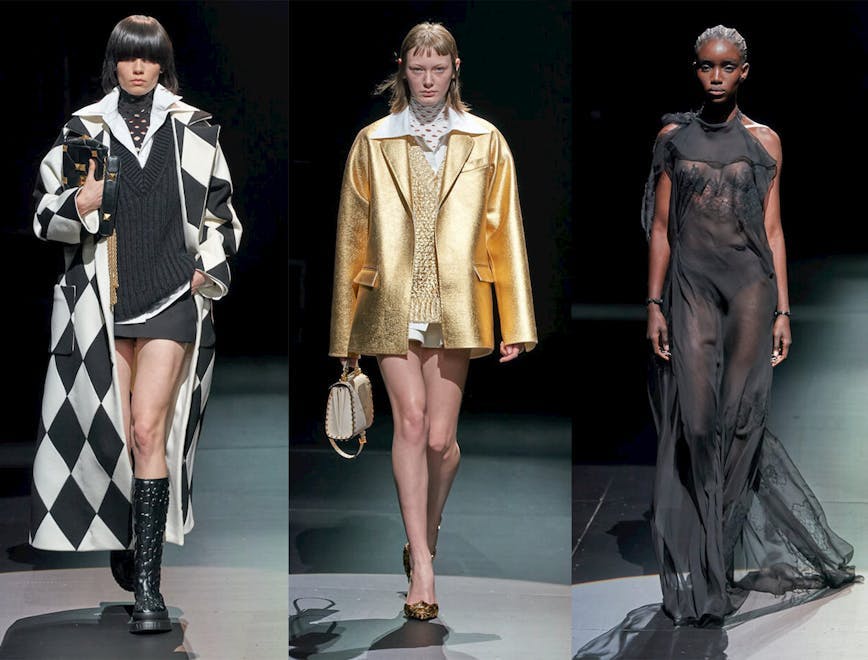coat clothing apparel person human runway fashion