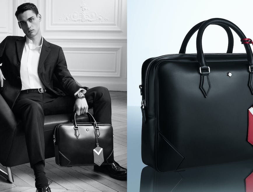 handbag accessories accessory bag briefcase person suit clothing coat overcoat