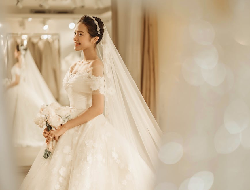 clothing dress fashion formal wear gown wedding wedding gown bridal veil person