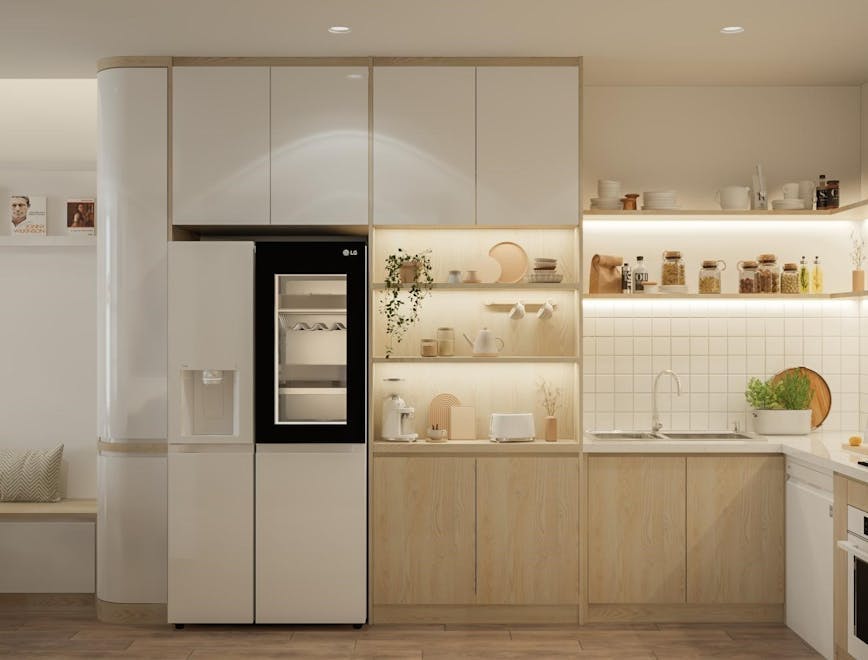 indoors interior design kitchen shelf appliance device electrical device refrigerator cabinet furniture