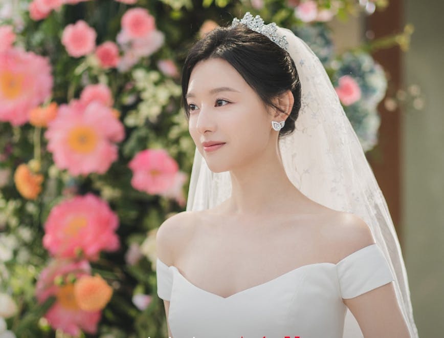 clothing dress formal wear gown wedding wedding gown bridal veil flower flower bouquet rose