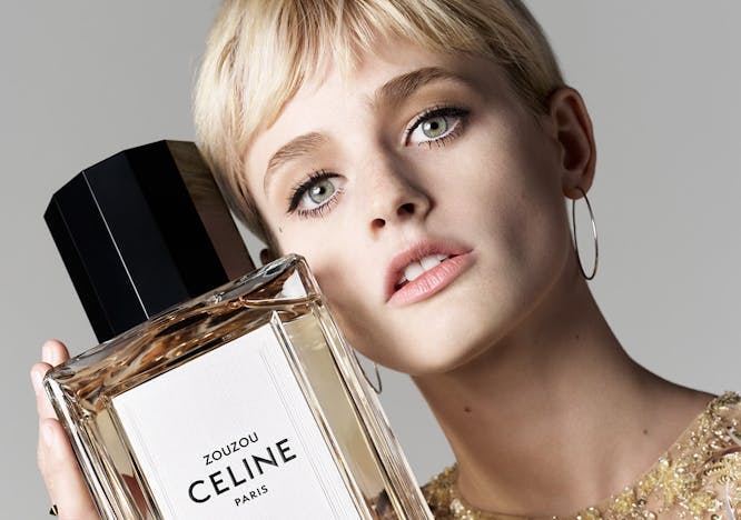 bottle cosmetics perfume face head person